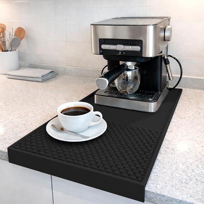 Coffee & Bar Mat For Countertop With "Edge Protection" – Espresso Machine & Coffee Maker Mat – Silicone Heat Resistant Mat – Non-Slip & BPA-Free Food Grade Mat – 12"(Front) x 24"(Length), Black