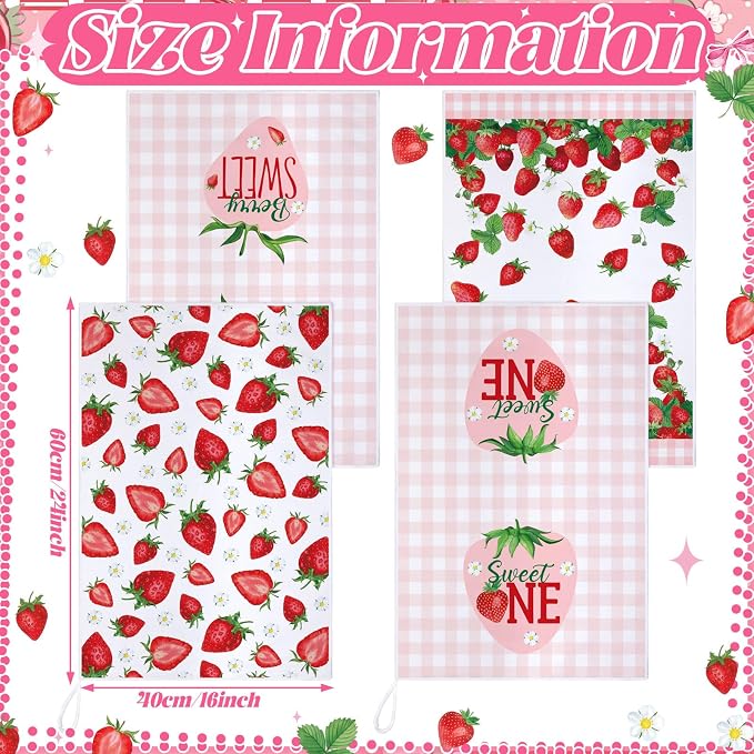 4 Pcs Strawberry Kitchen Towels Summer Berry Hand Dish Towels Absorbent White Pink Grid Tea Towel Fast Drying Housewarming Gift for Kitchen Bathroom Holiday Summer Strawberry Party Decor