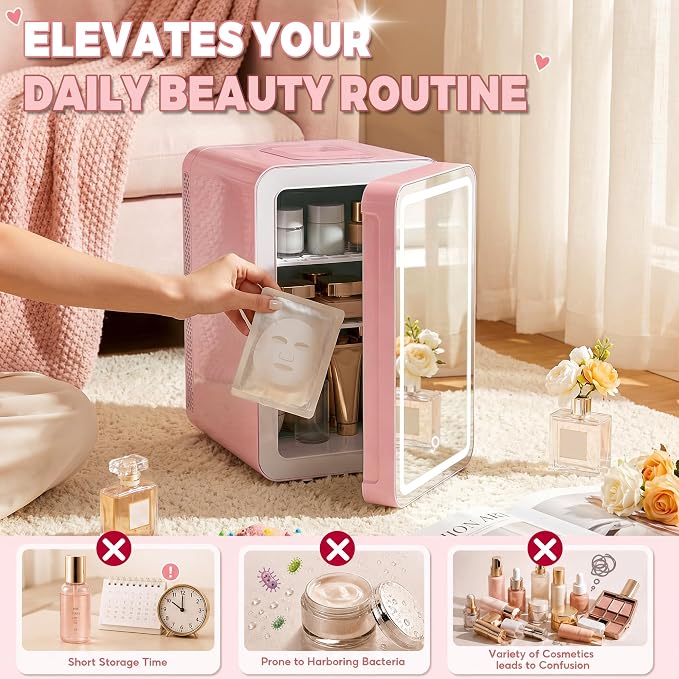 Kikihouse 16L/20L Skincare Fridge with LED Mirror, Small Fridge for Makeup | Portable Skin Care Fridge for Beauty, Cosmetics, Personal Mini Refrigerator for Food, Office, Dorm, Car, Cooler & Warmer