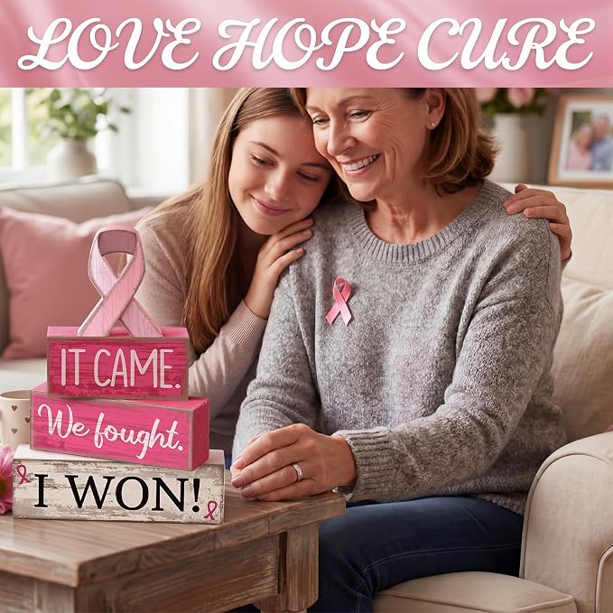 Lineshading 4 Pcs Breast Cancer Wooden Block Signs Farmhouse Decor | Rustic Table or Tiered Tray Decor, Pink Ribbon Survivor Gift, Wooden Blocks with Inspirational Messages for Home Awareness