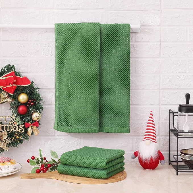 Kitinjoy 100% Cotton Waffle 6-Pack Kitchen Towels, 13" x 28", Grass Green | Super Soft, Ultra-Absorbent, Fast Drying, lightweight, Quick Drying Kitchen Hand Towels