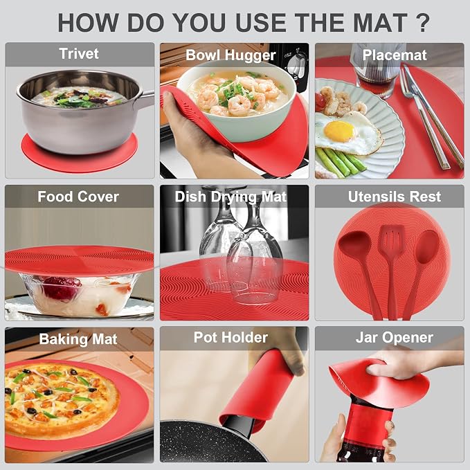 2 in 1, Aidacom Microwave Splatter Cover for Food & Silicone Microwave Mat, Mat as Bowl Holder, Trivet, Pot Holders, Drying, Baking, Utensils Rest for Kitchen Counter, Dishwasher Safe, Red