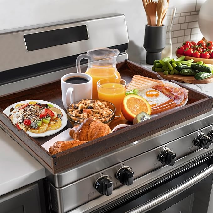 WOLKI 30" Noodle Board Stove Top Cover For Gas & Electric Stoves, Walnut | Heavy-Duty Wooden Stove Cover (30"L x 22"W x 2.4"Th) With Handles For RV Stoves, Serving Tray & Space Saver