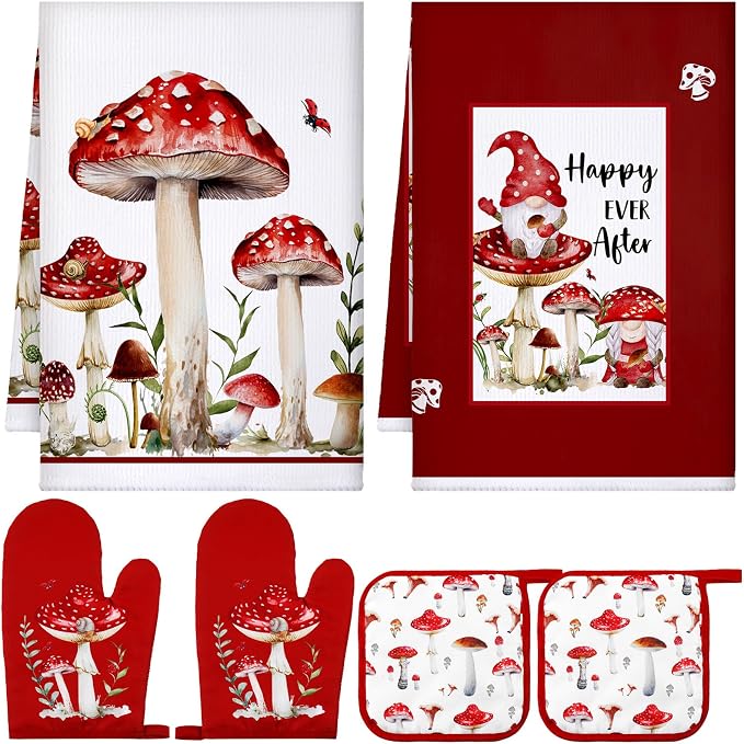 Bencailor 6 Pcs Mushroom Kitchen Towels Oven Mitts and Pot Holders Decorative Dish Tea Towels Non Slip Heat Resistant Oven Gloves for Spring Summer Home Cooking Dish Baking BBQ, Red, Black