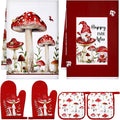 Bencailor 6 Pcs Mushroom Kitchen Towels Oven Mitts and Pot Holders Decorative Dish Tea Towels Non Slip Heat Resistant Oven Gloves for Spring Summer Home Cooking Dish Baking BBQ, Red, Black
