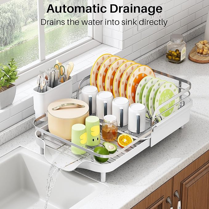 SAYZH Expandable Dish Drying Rack for Small Kitchen Counter, White | Stainless Steel, Protective Guardrail, Angled Drainboard, Fits High-Rim Sinks, Removable Utensil Holder