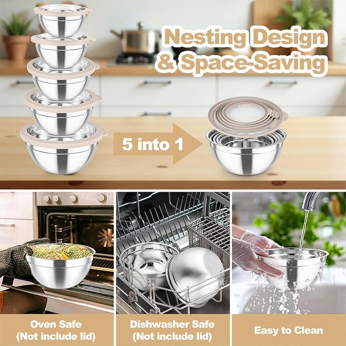 TeamFar Mixing Bowls Set, 4.5/3/1.5/1/0.7 QT Salad Bowl with Lids, Khaki | Stainless Steel Nesting Bowls with Visible Airtight Lids, For Serving/ Mixing/ Storing, Non-Toxic & Dishwasher Safe, Set of 5