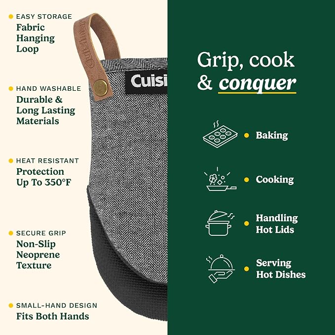 Cuisinart Heritage Mini Oven Mitts, 2-Pack, Neoprene, Heat Resistant 350F | Cotton-lined, non-slip neoprene palm, ambidextrous design, leather hang loop, ideal for smaller hands and everyday cooking