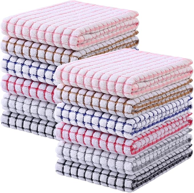 Mordimy Cotton 12 Pack Terry Kitchen Towels, 16 x 25 Inches | Super Soft and Absorbent Dish Towels, Quick Drying Hand Towels for Kitchen Drying, Black/Grey/Blue/Pink/Red/Brown