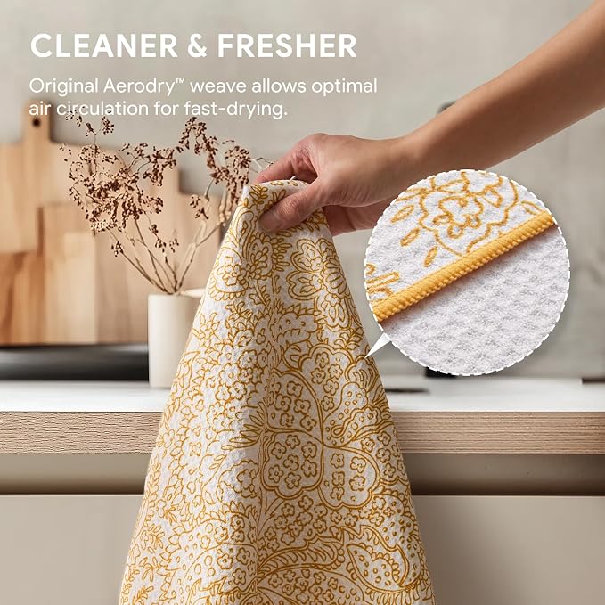 RECYCO Waffle Kitchen Towel Set of 2 - Quick Dry Microfiber Sustainable Dish Towels - Ultra Absorbent Reusable Cleaning Tea Towels - Lightweight Hand Towels,16”x 28”, Marigold Mosaic
