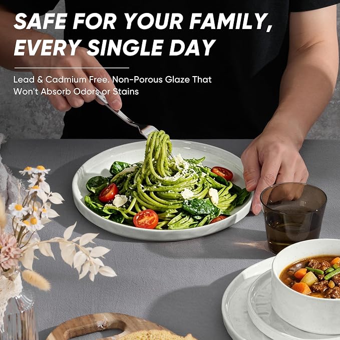 E-far Stoneware Dinnerware Set, 12-Piece White Plates and Bowls Sets for 4 | Modern Ripple Design Dishes Set for Kitchen Dining, Chip & Scratch Resistant, Microwave & Dishwasher Safe, Speckled White