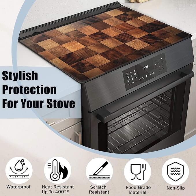 Retro Wood Pattern Stove Top Covers for Electric Stove,Rustic Farmhouse Glass Top Stove Cover, Heat Resistant Range Covers for Electric Stove,Washable Countertop Mat, 28 x 20 Inch