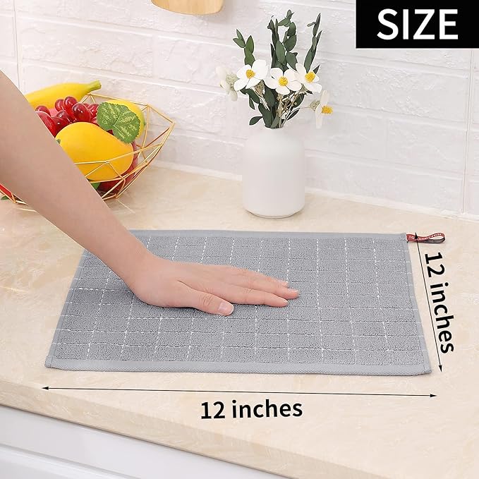 Homaxy 100% Cotton Terry Kitchen Dish Cloths, 12 Pack, Light Grey | Ultra Soft and Absorbent, Suitable for Drying and Washing Dishes
