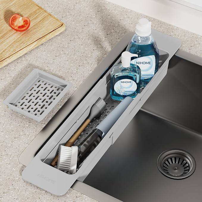 NiHome Extendable Kitchen Sink Caddy Extra Long Brush Sponge Storage Holder | Expandable Kitchen In Sink Organizer Extra Long for Brush & Sponge with Drainage, Adjustable Length, Non-Slip Pads (Gray)
