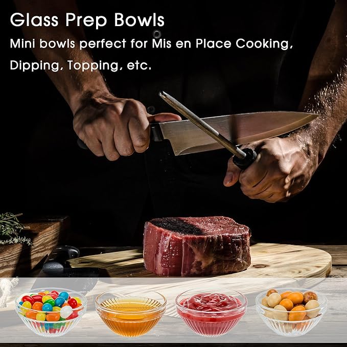 10 Set Mini Glass Prep Bowls, 2.5oz Ribbed Small Bowls Stackable Ingredient Dishes Clear Ramekins Pinch Bowl for Measuring Spices Dipping Sauces