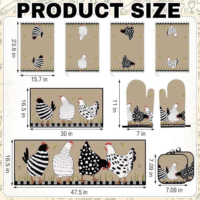 10 Pcs Kitchen Decor and Accessories Set, Chicken Country Rustic | Rooster 4 Dish Towels Kitchen Rugs 2 Oven Mitts 2 Pot Holders, Home Decor for Cooking Baking BBQ Gifts Women Mom Housewarming