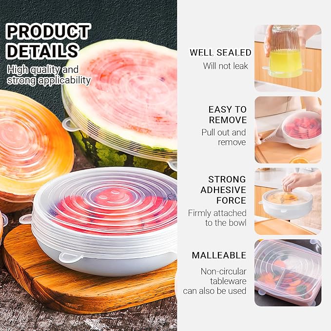 4 Pack 5.7in Reusable Silicone Stretch Lids, Silicone Bowl Covers for Food Storage, Universal Stretchable Lids for Containers Produce, Elastic Expandable Seal Cover, Microwave Freezer Safe
