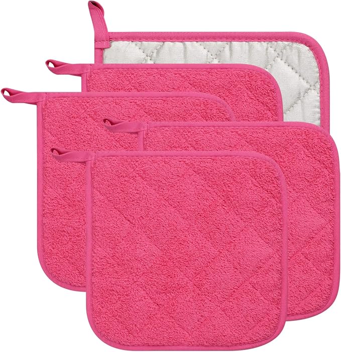 100% Cotton Kitchen Everyday Basic Terry Pot Holder Heat Resistant Coaster Potholder for Cooking and Baking Set of 5 (Dark Pink)