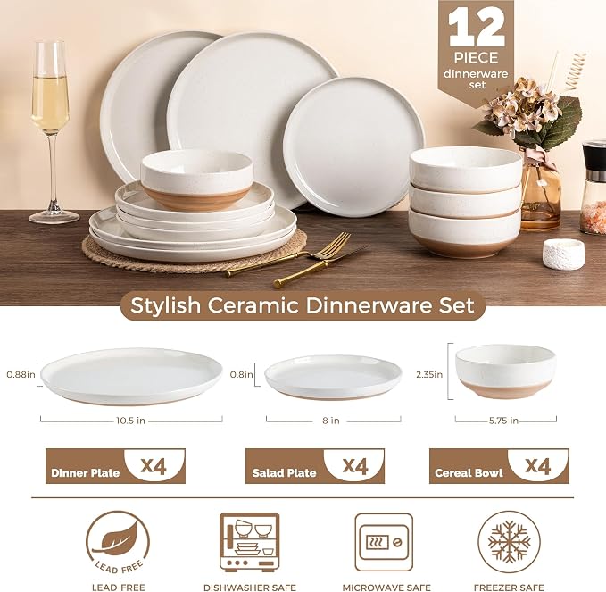 AmorArc Dinnerware Sets for 4, 12 Pieces Ceramic Plates and Bowls Set | Scratch Resistant Stoneware Dishes Set, Dishwasher & Microwave Safe, Light Beige
