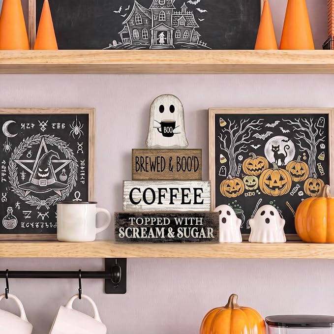 Lineshading 4 Pcs Halloween Ghost Blocks, Wooden Coffee Farmhouse Decor | Tiered Tray Decor for Home, Coffee Bar Table Decoration, Stacking Blocks with BOO Topper, Rustic Halloween Accents