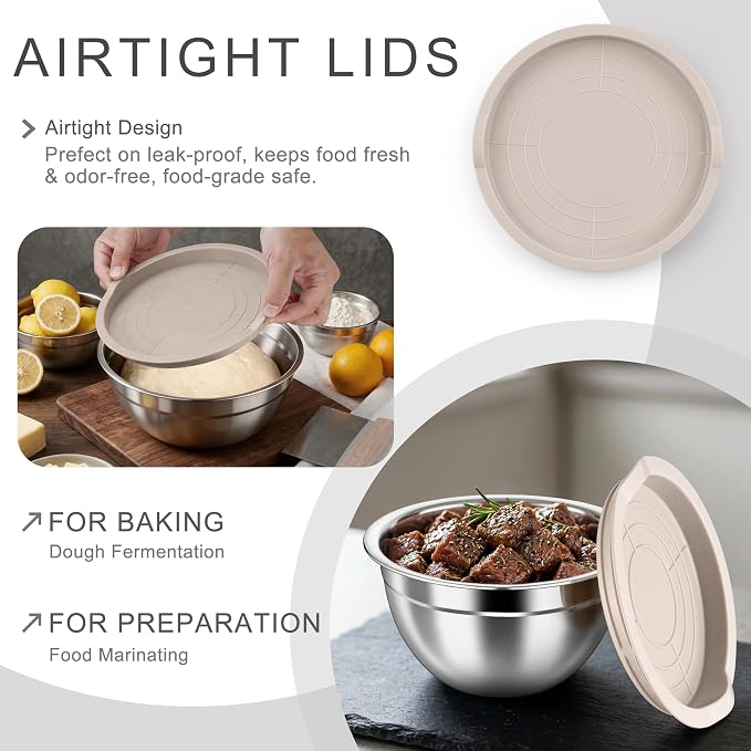 HaWare Mixing Bowls with Airtight Lids, 6-Piece Stainless Steel Salad Bowls | Strong Nesting Bowls for Cooking, Prepping, Baking, Serving & Food Storage, Stackable Design, Size 4.6, 3, 1.5QT, Khaki