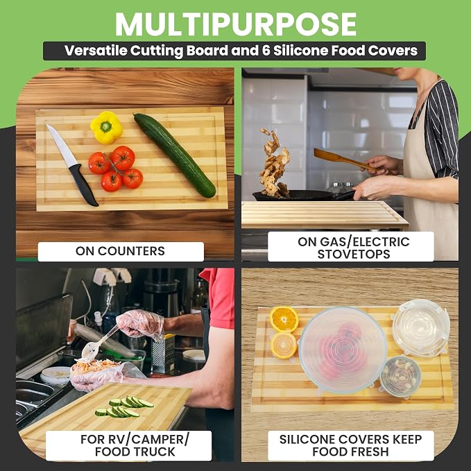 Ceaz Bamboo Cutting Board with Adjustable Legs - Raised Stovetop Cover, Wood Chopping Butcher Block with Juice Grooves for Kitchen, RV, Camper - Complete with Silicone Food Covers