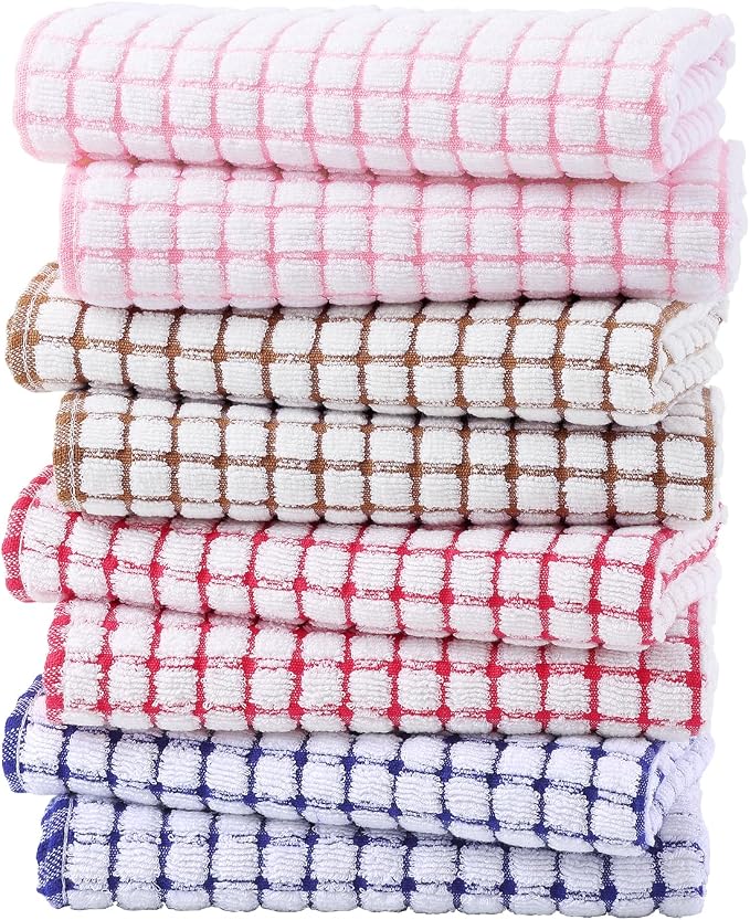 Kitinjoy Cotton 8 Pack Terry Kitchen Towels, Mix Colour | 16 x 25 Inches Super Soft and Absorbent Dish Towels, Quick Drying hand towels for kitchen Drying