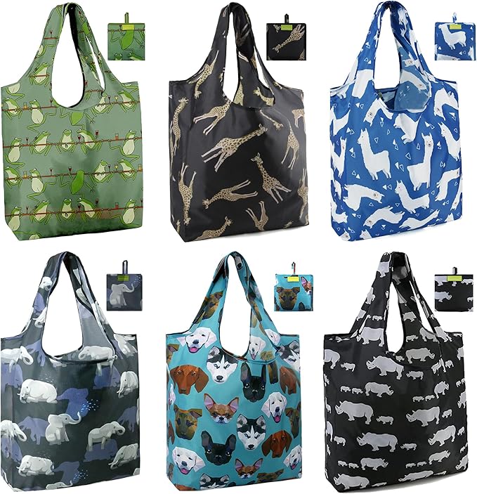 BeeGreen Animal Reusable Shopping Bags Cute Grocery Bag 6 Pack, Christmas Gift Bags Heavy-Duty Foldable Shopping Totes for Supermarket, Work & Travel, Large Washable Polyester Tote Bag with Handles