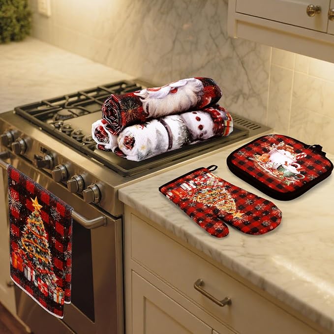 SiliFine 12 Pcs Christmas Kitchen Accessories Set Xmas Buffalo Plaid Pot Holders Santa Claus Oven Mitts Xmas Reindeer Gnome Kitchen Towels for Christmas Home Decorations, Cooking Baking Holiday Gifts