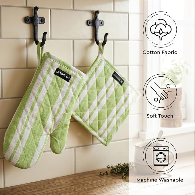 Encasa XO Oven Mitts and Pot Holders Set, Heat Resistant Cotton | Franca Lime Stripes, Diamond Quilted | Non-Slip Grip | Microwave & Oven Safe | Hanging Loop | Machine Washable | Set of 2