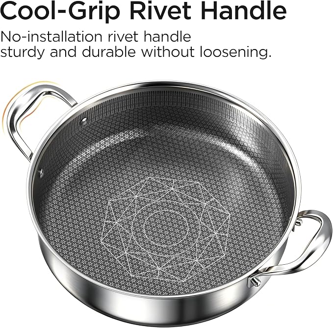 COOKER KING 5Qt Hybrid Sauté Pan with Lid, Nonstick Braiser, Chicken fryer | Non-Toxic Coating Pot, Dishwasher & Oven Safe, Induction Ready, Dual Cool Handle, 3-Ply Stainless Steel Clad for Fast Heat