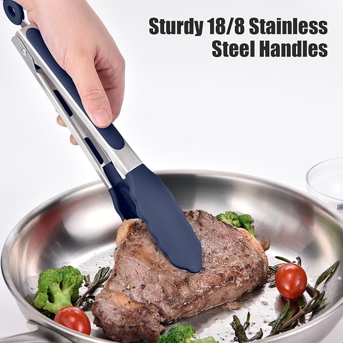 Doosu Kitchen Tongs with Silicone Tips for Cooking Serving (9in, Navy Blue) | 600°F Heat Resistant Food Tong, Heavy Duty Stainless Steel Locking Tong for BBQ, Grilling Steak, Salad, Toast, Pasta