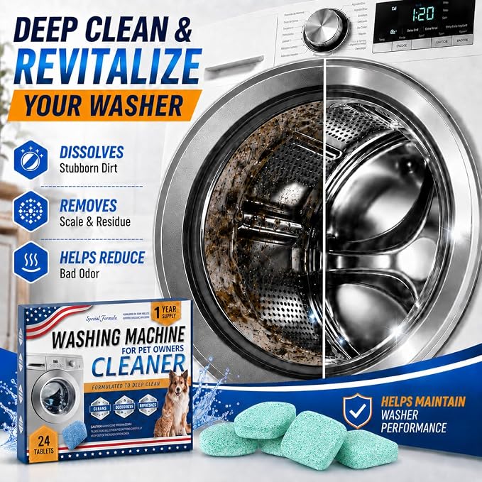 24 Pack Washing Machine Cleaner Tablets – Special Formula for Pet Owners, Remove Cat & Dog Hair, Dissolve Stubborn Dirt, Eliminate Pet Odor, Compatible with Top & Front Load, HE Washers, 1 Year Supply
