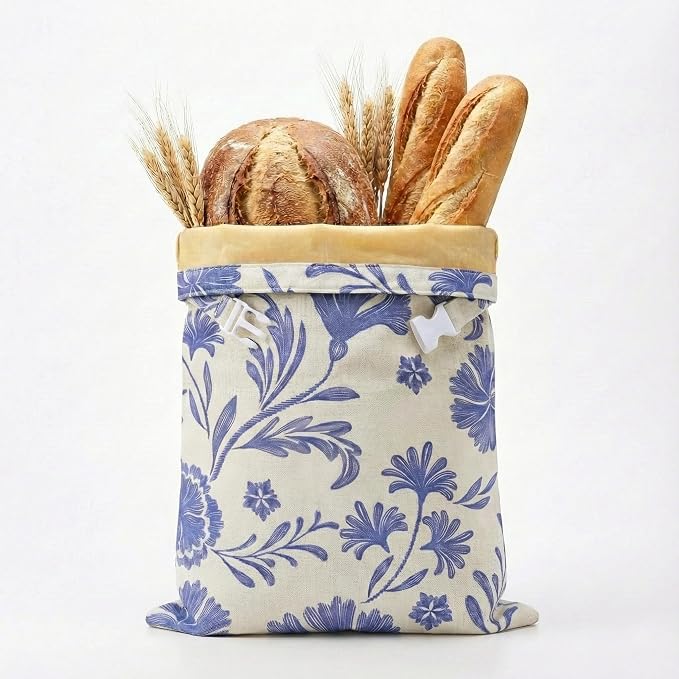 Beeswax Bread Bags for Sourdough & Homemade Bread (2 Pack) | XL 13"x17" Large Reusable Cotton & Linen Bread Bag, Keep Loaves Fresh Longer, Natural & Easy to Clean (Classic Blue Floral)