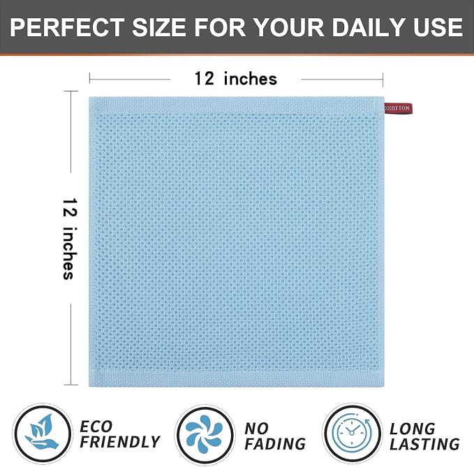 Kitinjoy 100% Cotton Waffle 6-Pack Kitchen Towels, 12" x 12", Sky Blue | Ultra Absorbent, Super Soft, lightweight, Quick Drying Dish Rags for Washing Dishes