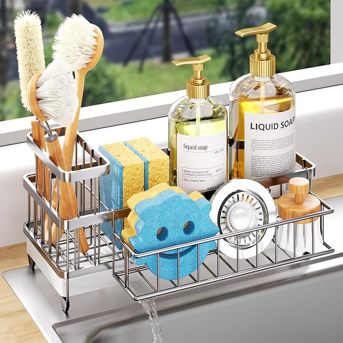 Consumest Sponge Holder for Kitchen Sink - Auto Draining Sink Caddy Organizer with Detachable Rack, High Brush Holder, Kitchen Countertop Storage Accessories, Silver-Extra Large