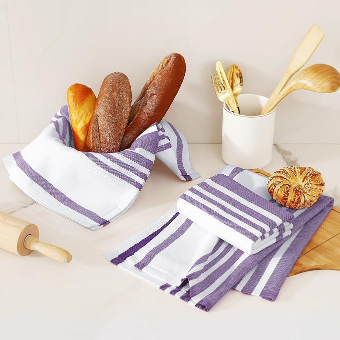 Homaxy Premium Cotton Stripe Kitchen Towels 6 Pack, 18"x 28", Purple | Large 380 GSM Kitchen Hand Towels, Soft Terry Dish Towels, Highly Absorbent Tea Towel Set with Hanging Loop