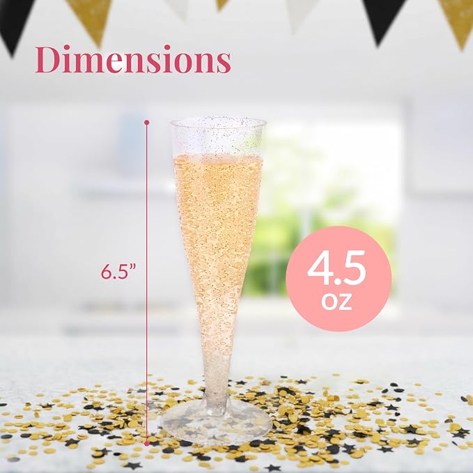 Prestee 24 Piece Plastic Champagne Flutes - 4.5 oz Plastic Wine Glasses with Rose Gold Glitter - Cocktail Glasses for Parties - Party Supplies for Mimosa Bar, Wedding, Shower Party and New Years Eve