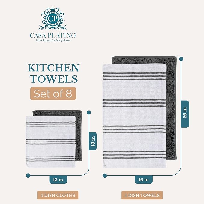 Casa Platino Kitchen Towel Set 8 Pc - 4 Dish Towels (16"x26") & 4 Dish Cloths for Washing Dishes (13"x13") - Absorbent Tea Towels, Quick Drying & Durable Cleaning Cloths, Easy Care Wash Rags - Grey.