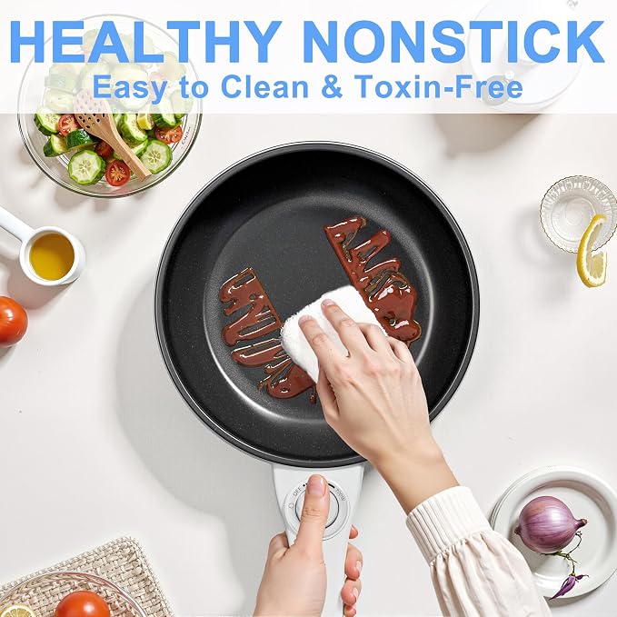 Dezin Electric Pot with Steamer, 1.5L Non-Stick Portable Hot Pot Electric | Dual Power, Upgraded 700W Electric Pot for Cooking Steak, Egg, Ramen Cooker for Dorm, Travel, Office, Easy to Clean, Navy Pan