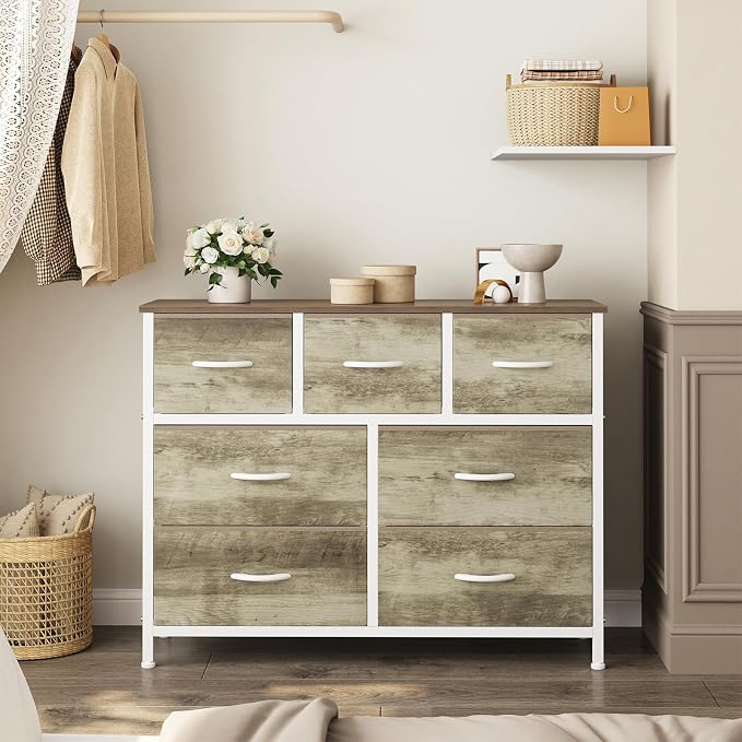 Sweetcrispy 7 Drawer Dresser for Bedroom Storage with Fabric Bins, Oak | Anti-Tip Closet Organizer, Wooden Top and Sturdy Steel Frame, Spacious Drawers for Clothes Storage, Hallway Entryway