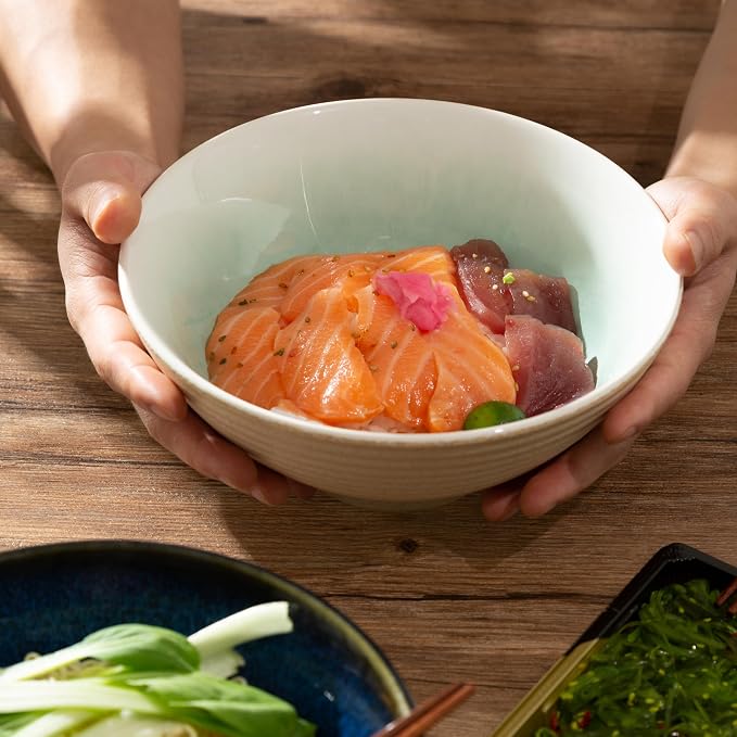 8 Inch Ceramic Ramen Bowl Set of 2, 40oz Japanese Bowls with Spoons & Chopsticks,Durable,Microwave & Dishwasher Safe,Perfect for Ramen,Pho,Salad,Soup,Noodles，Mixing bowls（Cyan Sea）