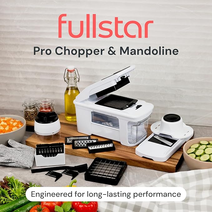 Fullstar Pro XL Vegetable Chopper & Mandoline Slicer w Pull-Out Catch Tray | 11 in 1 Veggie, Onion & Fruit Slicer, Dicer & Grater with Sharp Stainless Steel Blades - XL Food Prep Set ((White)