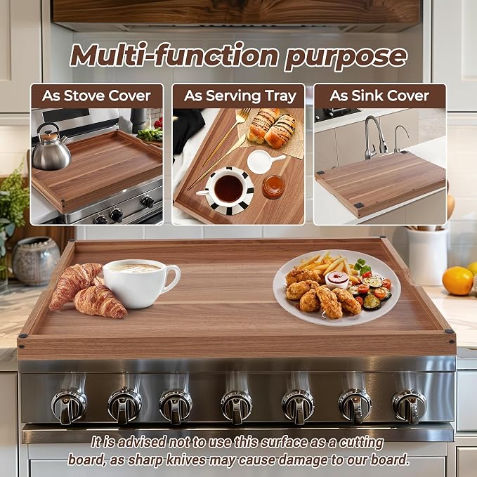 WOLKI Wooden Noodle Board Stove Top Cover For Gas Burners & Electric Stoves | 30"L x 22"W x 2.5"Th Heavy-Duty Stove Cover With Built-In Handles For RV Stoves, Serving Tray & Space Saver