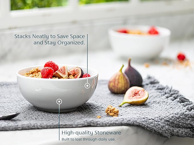 KooK Ceramic Soup bowls, Microwave, Dishwasher and Freezer Safe, Porcelain Dishes for Soup, Pasta, Salad, Oatmeal, Deep Interior, 24 oz, Set of 6, Marshmallow White