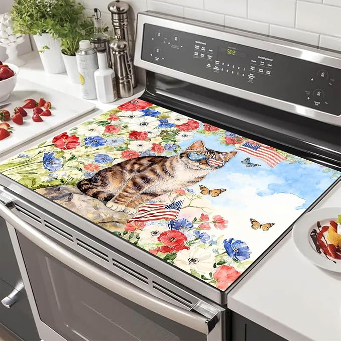 HOMETITUTE Spring Stove Top Cover 28x20 Cat Floral Watercolor Heat Resistant