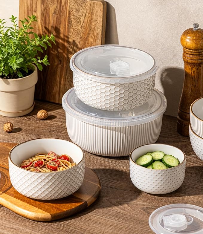 GBhome Ceramic Mixing Bowls Set of 4, Stoneware Nesting Serving Bowls | 48/30/18/10 oz For Prep, Baking, Serving, Gift, Microwave and Dishwasher Safe, Embossed Dishware Collection-Off White