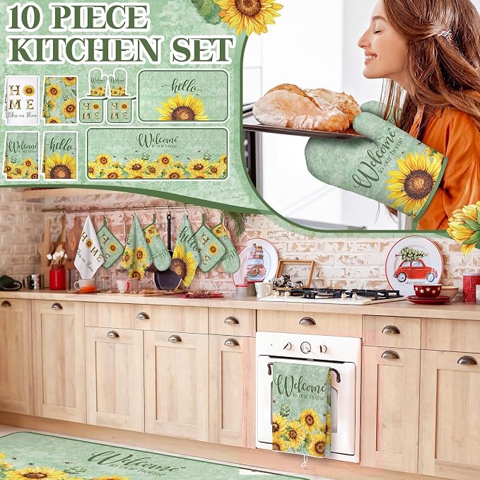 Fourluoo 10 Pcs Sunflower Kitchen Decor Set Dish Towels Kitchen Rugs Oven Mitts and Pot Holders Green Decor Set for Cooking Baking Grilling Women Mom Gift