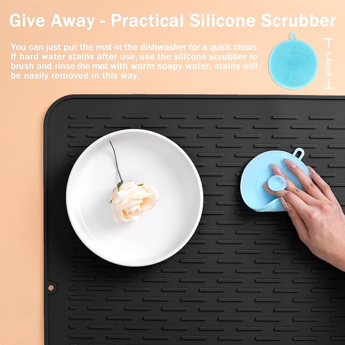 Extra Large 30x24 Inch Silicone Dish Drying Mat for Rack & Kitchen Counter | Easy Clean Silicone Drying Mat for Kitchen Counter , Non-Slip Dishes Drain Mat, Heat Resistant Silicon Dish Mat, Black, SAPID