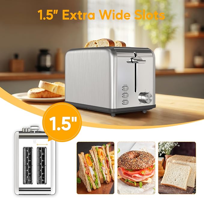 HealSmart 2-Slice Stainless Steel Toaster, 6 Browning Setting and 3 Function Toaster, Extra Wide Slot & Removable Crumb Tray, for Bread & Waffle, Silver